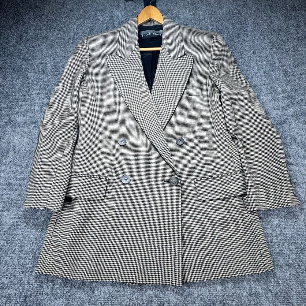 Vintage Ellen Tracy Linda Allard Wool Houndstooth Double Breasted Blazer Sz 8
